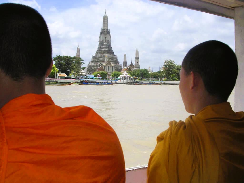 Asia, Thailand, Bangkok monks and Temple of the Dawn