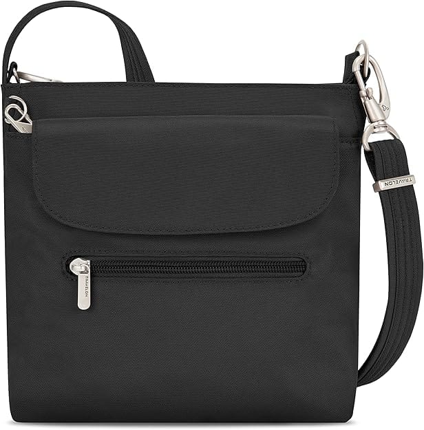 A travel purse with slash-proof straps and other safety features is a helpful travel item and travel essential